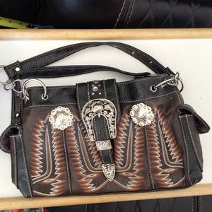 Western Leather stitched handbag,  Silver Conchos, Western Buckle closing flap